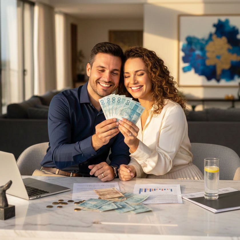 Casal feliz após assessoria financeira em Atibaia